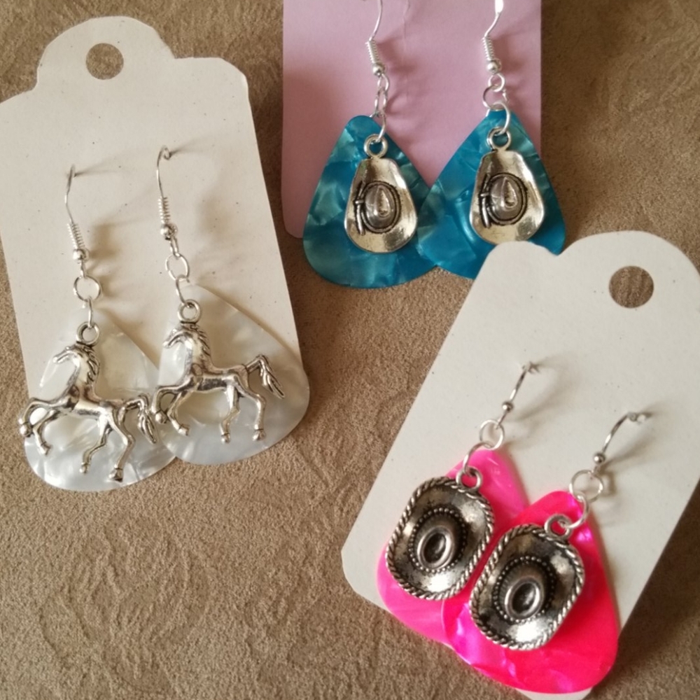 3 pair of "cowgirl" themed guitar pick earrings